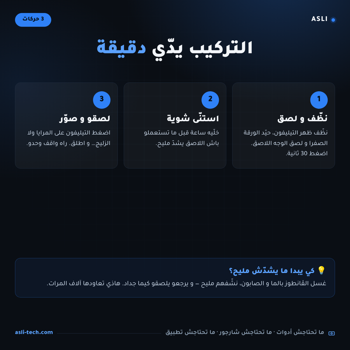 التركيب فـ3 حركات — نظّف، لصق، و صوّر