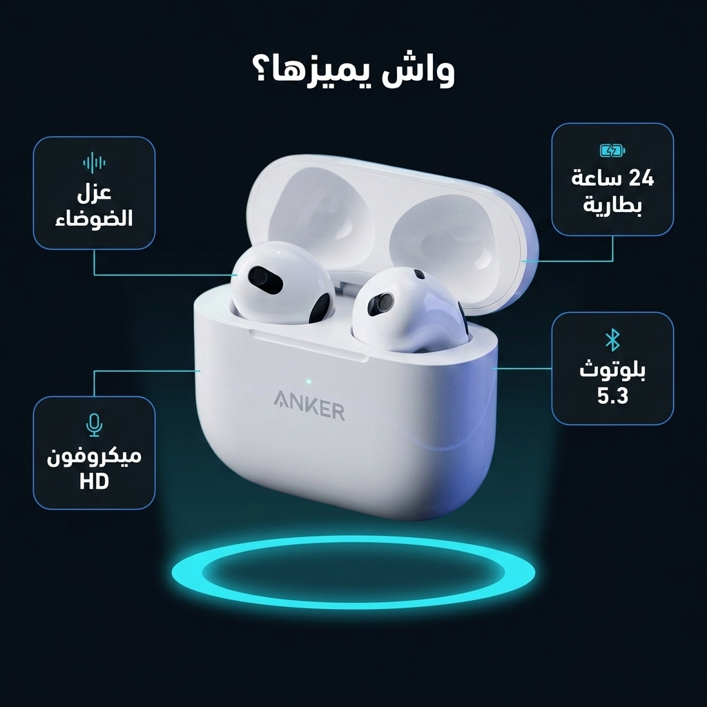 مواصفات سماعات Anker الأصلية — بطارية 24 ساعة، بلوتوث 5.3، عزل الضوضاء، ميكروفون HD
