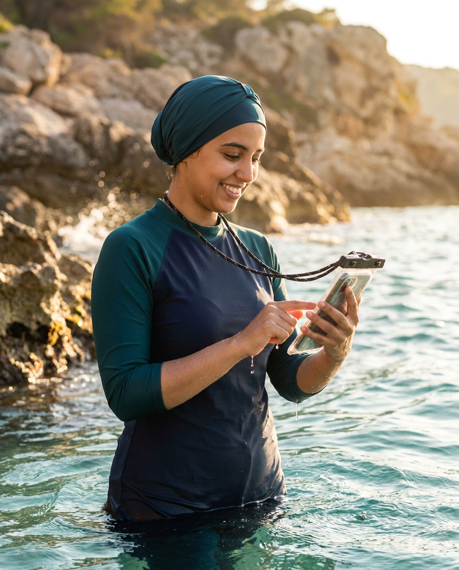 Pochette étanche portée au cou à la plage